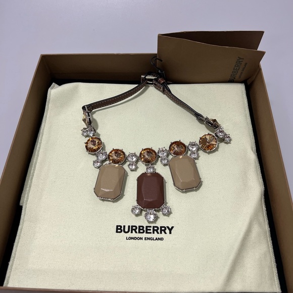 Burberry Necklace Silvertone, Crystal & Leather Statement Brown - Picture 3 of 9